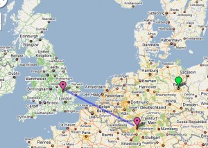 Thurleigh to Ludwigshafen.  This mission was deep into Germany but I have also marked Berlin in green to show how much farther that would be ...