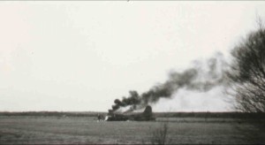 Liberty Lady B-17 on March 6, 1944 as it burned in a farmer's field on the island of Gotland, Sweden