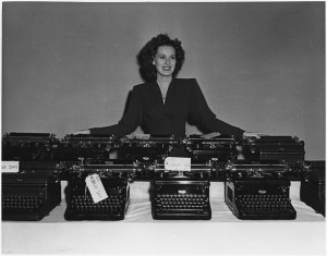 Taking time off between the shooting of scenes at the RKO Studios in Hollywood, Miss O'Hara helped collect more than 70 typewriters for future use by the Army, Navy, and Marines. (This media is available in the holdings of the National Archives and Records Administration)