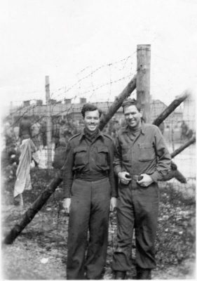 At liberation: Larry Wolfe and S/Sgt. Earl Highly from the 14th Division on the right. Earl HIghly's brother Oran, a member of the liberating force that entered the camp, found his brother. (photo from Lt. Oran Highley)